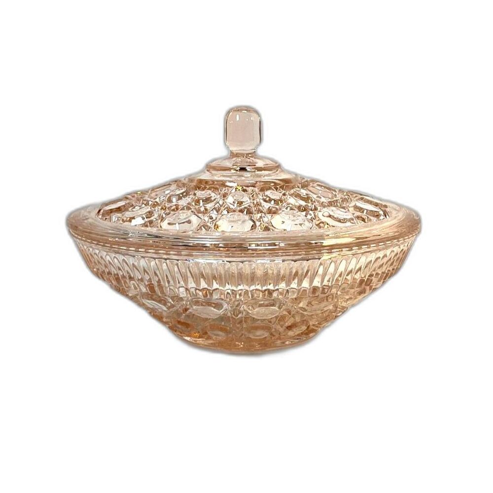 Indiana Glass Windsor Pink Cane and Button Design Candy Dish & Lid